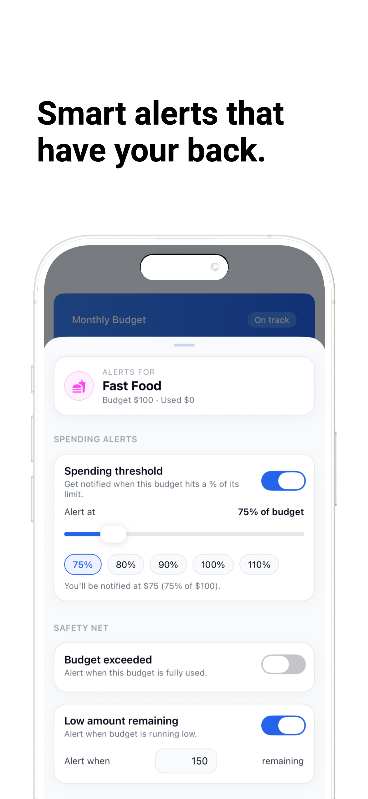 Budget alerts for spending thresholds and low amount remaining.