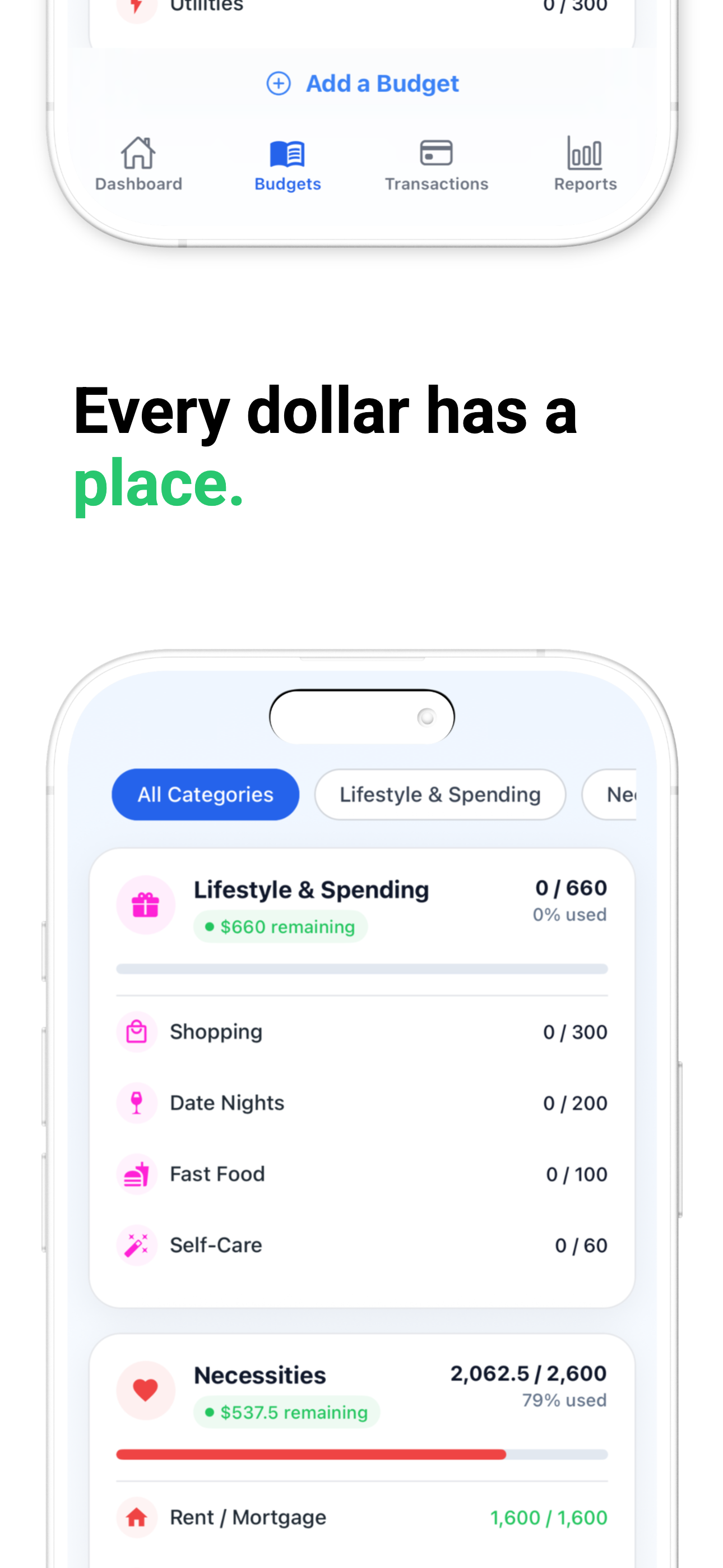 Budgets screen showing categories and remaining amounts.