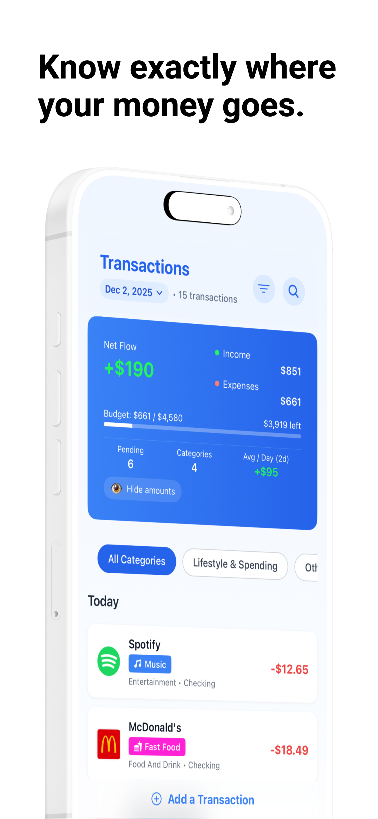 Transactions screen with recent purchases and net flow.
